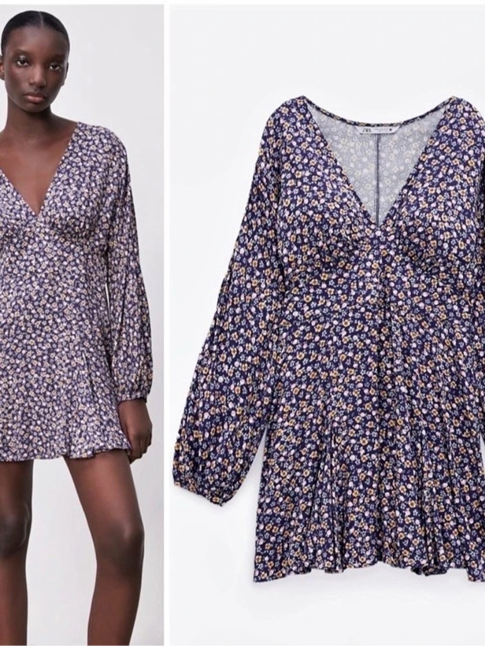 Zara Floral Print V-Neck Mini Dress Purple & Yellow